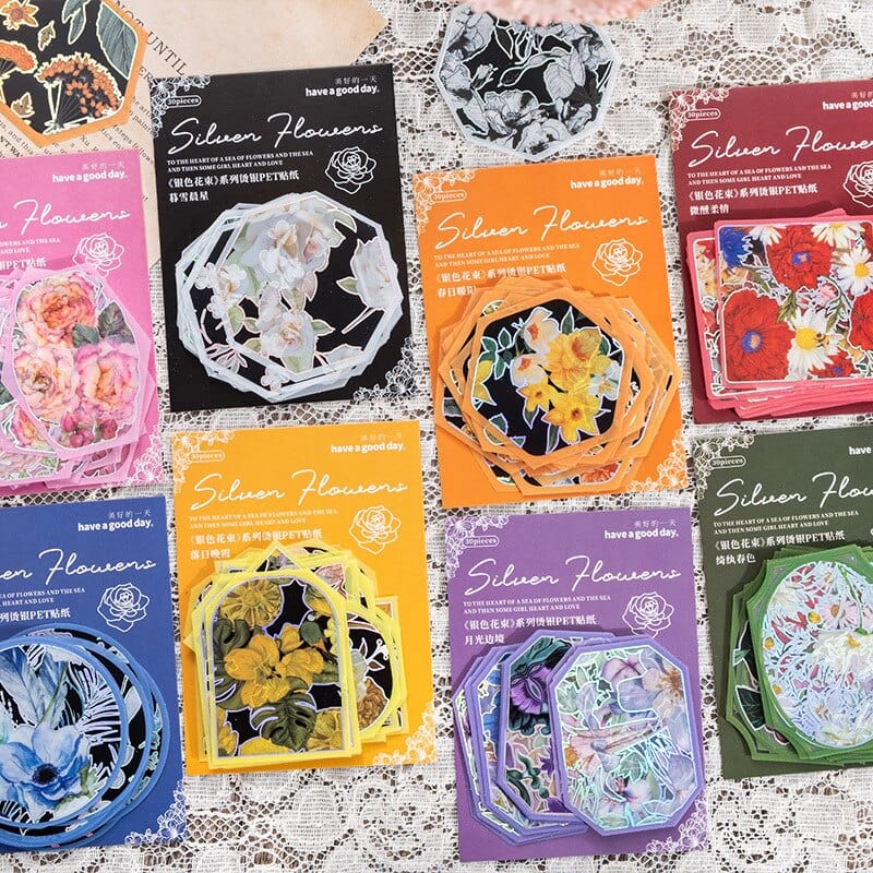 KUMA Stationery & Crafts  30pcs Silver Flower Series Sticker Pack